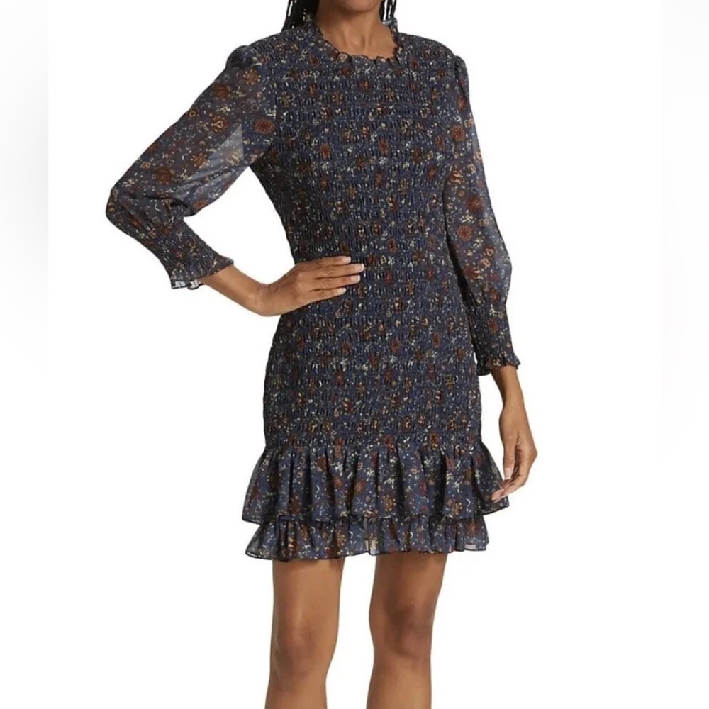 Veronica Beard Farah  Navy Floral Long Sleeve Dress Size 2 smoking NWT